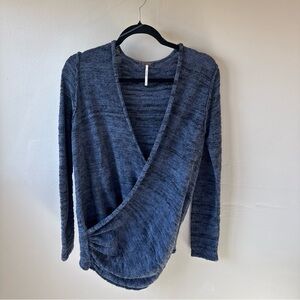 Free People Blue Black Boho linen wrap front sweater top, Casual, Yoga